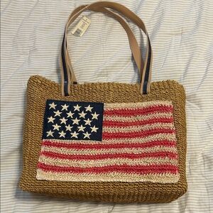 NWT Amanda Smith Tan Straw Tote with Red, White & Blue Flag Panel